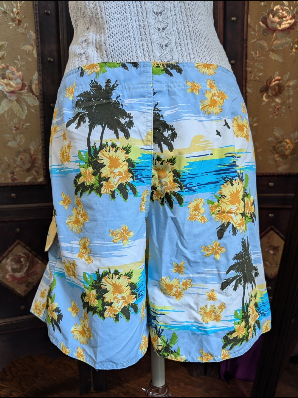 Panama Jack Blue Yellow Tropical Swim Shorts Boardshorts Velcro Tie Size Large L - Picture 3 of 8